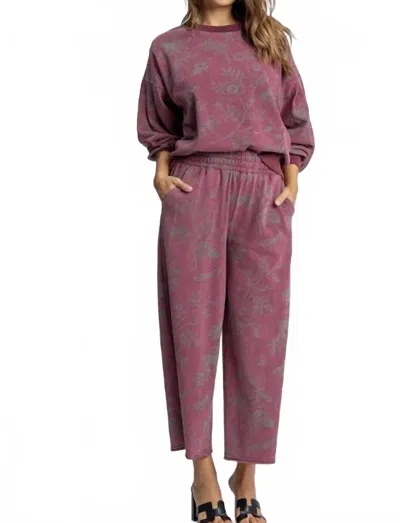 Umgee French Terry Floral Print Set In Wine In Burgundy