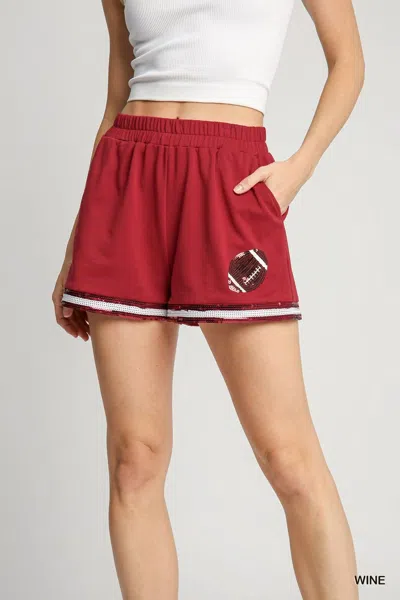 Umgee French Terry Game Day Shorts With Sequin Detail In Wine In Pink