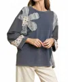 Umgee French Terry Patchwork Pullover In Denim In Blue