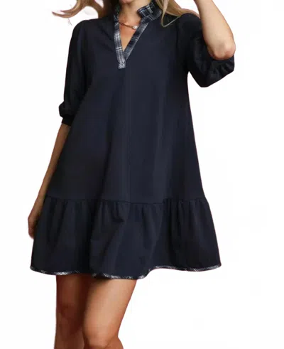 Umgee French Terry Ruffle Hem Dress With Plaid Trim V-neck In Navy In Blue