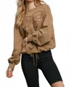 Umgee French Terry Sweatshirt W/ Lace Ribbon In Latte Washed