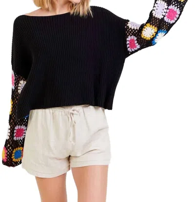 Umgee French Terry Top With Long Colorful Crocheted Sleeves In Black