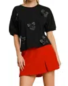 Umgee French Terry Top With Rhinestone Ribbon Detail In Black