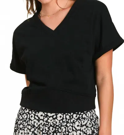 Umgee French Terry V-neck Top In Black