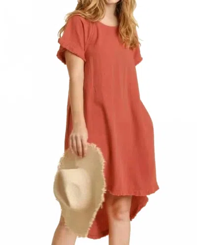 Umgee Fringe Ruffle Sleeves Dress In Red-brown, Clay In Burgundy