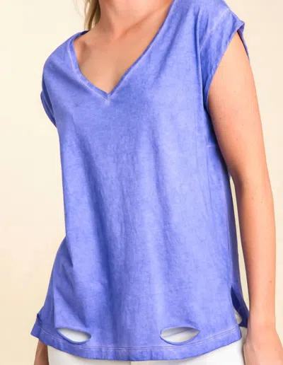 Umgee Garment Dyed Short Sleeve V-neck Top With Hole Cutouts In Purple In Blue