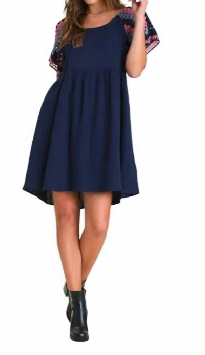 Umgee Gauze Fabric Crochet Sleeve Dress In Navy / Blue In Multi