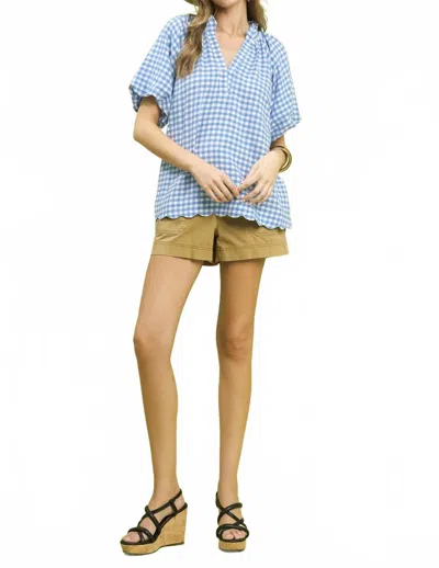 UMGEE GINGHAM BUBBLE SLEEVE V-NECK TOP IN BLUE
