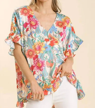 Umgee Hailey Floral Print Top In Blue Multi