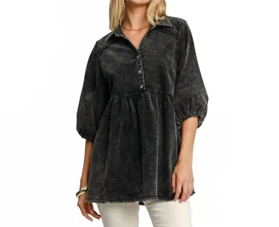 Umgee Half Button Down Corduroy Tunic In Ash In Black