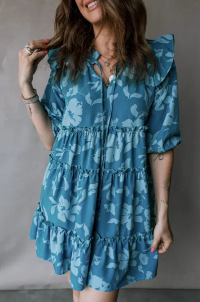 Umgee Half Tiered Ruffle Mini Dress In Blue Floral