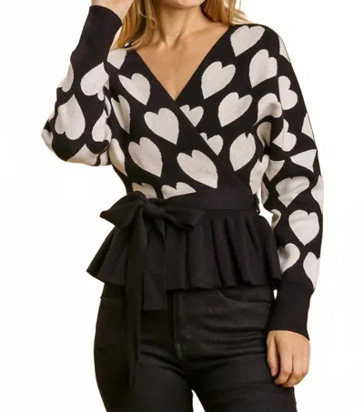 Umgee Heart Print Baby Doll Long Sleeve Sweater In Black/white