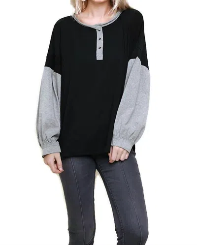 Umgee Henley Color Block Top In Black