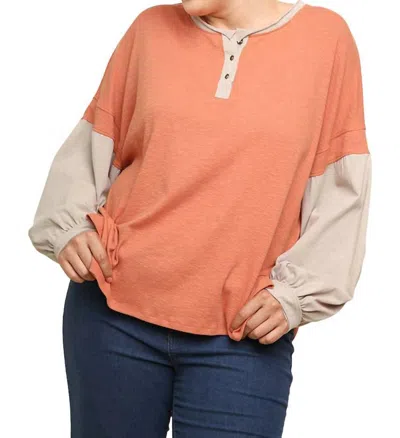 Umgee Henley Color Block Top In Terracotta In Brown