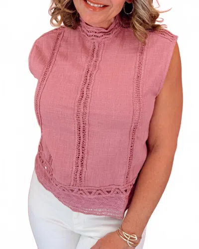 Umgee High Neck Lace Trim Top In Mauve