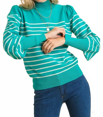 Umgee High Neck Stripe Sweater In Jade In Green