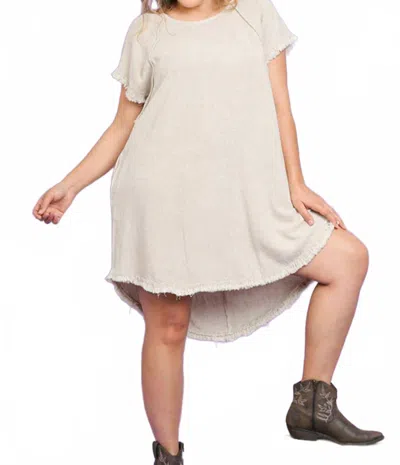 Umgee High-low Scoop Frayed Hemline V-neck Dress - Plus In Oatmeal In White