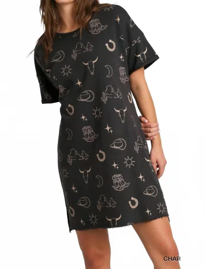 Umgee Howdy Graphic Mini Dress In Charcoal In Pink