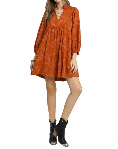 Umgee Jacquard High Ruffle Neck Dress In Dark Rust In Multi