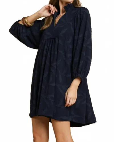 Umgee Jacquard High Ruffle Neck Dress In Navy In Blue
