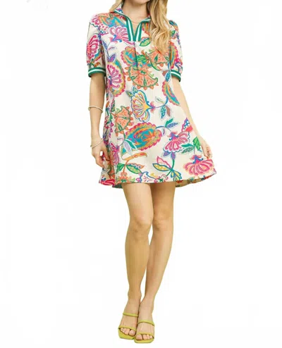 Umgee Jacquard Paisley Print Puff Sleeve Tunic Dress In Cream Mix In Multi
