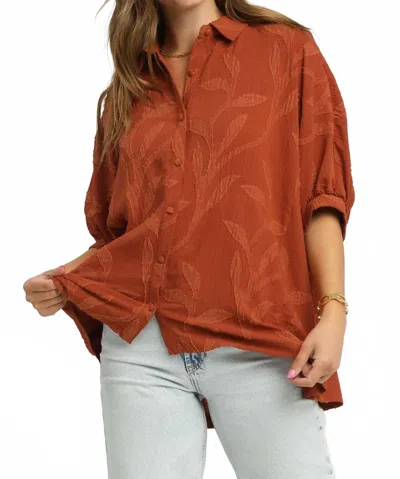 Umgee Jacquard Textured Leaf Button-down Blouse In Orange