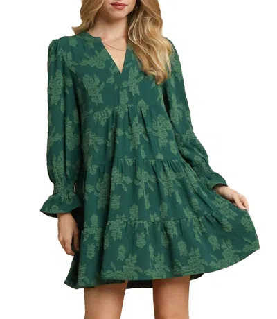 Umgee Jacquard Tiered Babydoll Dress In Hunter Green In Multi