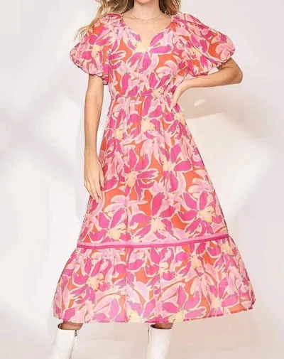 Umgee Jungle Floral Print Midi Dress In Fuchsia Pink