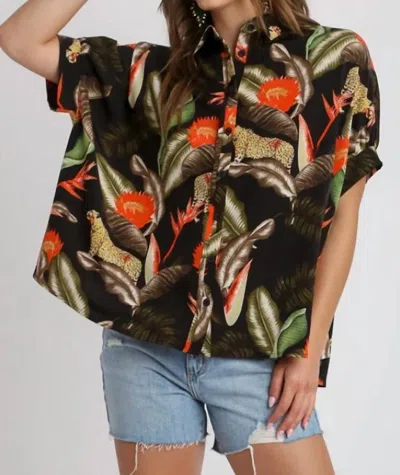 Umgee Jungle Muse Button Down Top In Black Multi In Gold