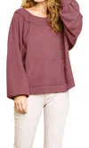 Umgee Kangaroo Pocket Waffle Knit Top In Berry In Pink