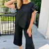Umgee Knit Jacquard Pearl Detail Set In Black In Blue