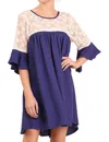 Umgee Lace And Keyhole Bell Sleeve Dress In Cobalt In Blue
