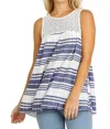 Umgee Lace & Striped Babydoll Tank Top In Blue In Multi