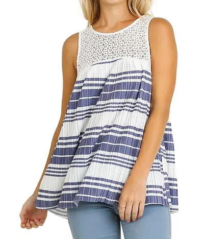 Umgee Lace & Striped Babydoll Tank Top In Blue In Multi