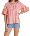 Umgee Lace Up Bell Sleeve Top In Blush In Pink