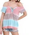Umgee Lace Up Cold Shoulder Color Block Top In Mint Mix In Multi