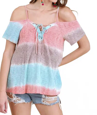 Umgee Lace Up Cold Shoulder Color Block Top In Mint Mix In Multi