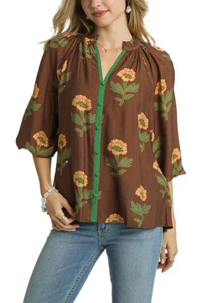 Umgee Landry Floral Print Button Front Blouse In Brown Multi