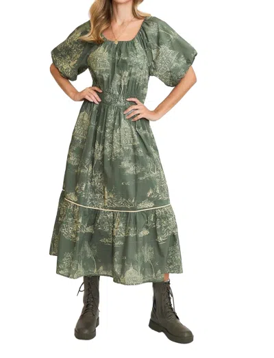 Umgee Landscape Printed Midi Dress In Olive In Green