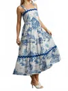 Umgee Landscape Tiered Maxi Dress With Ric Rac Trim In Blue/white In Blue