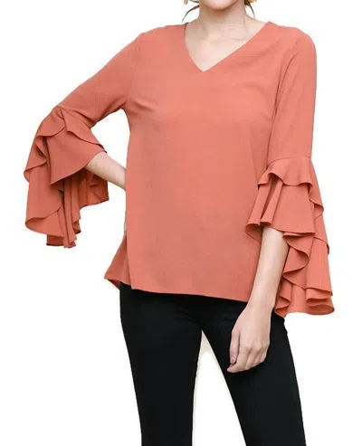 Umgee Layered Ruffle High Low Sleeve Blouse In Clay In Orange