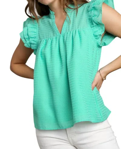 Umgee Layered Ruffle Sleeve Split Neck Top In Emerald In Gold