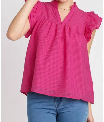 Umgee Layered Ruffle Sleeve Split Neck Top In Rasperry In Pink