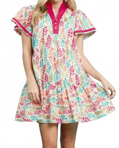 Umgee Leaf Print Flutter Sleeve Tiered Mini Dress In Tea Berry In Multi