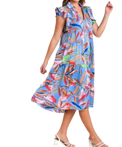 Umgee Leaf Print Tiered Midi Dress In Periwinkle Mix In Multi