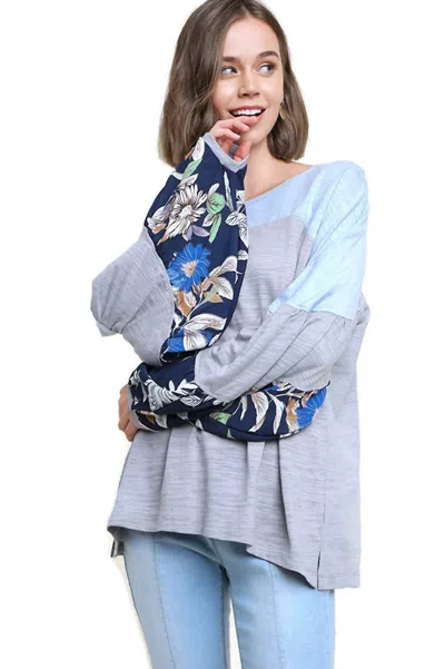 Umgee Leaf Puff Sleeve Colorblock Top In Grey In Multi