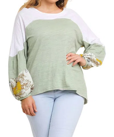 Umgee Leaf Puff Sleeve Colorblock Top In Sage In Multi