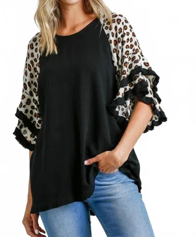 Umgee Leopard Bell Sleeve Layered Top In Black