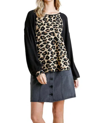 Umgee Leopard Print Long Sleeve Top In Black