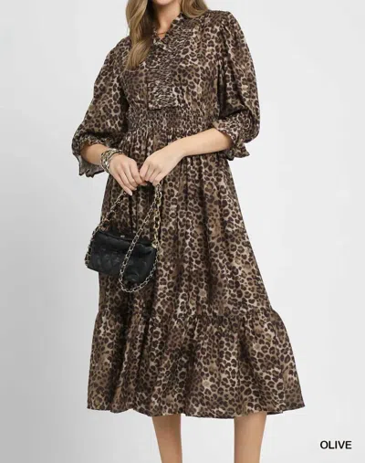 Umgee Leopard Print Smocked Midi Dress In Olive In Multi